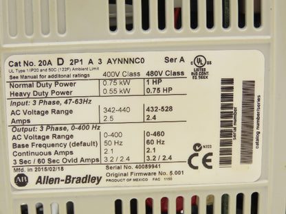 Allen Bradley 20AD2P1A3AYNNNC0 PowerFlex 70 Variable AC Drive VFD 1Hp 480V 3PH