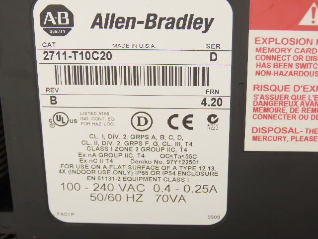 Allen Bradley 2711-T10C20 Panel View 1000 Ser D FRN 4.20 Touch Screen 10" REV B