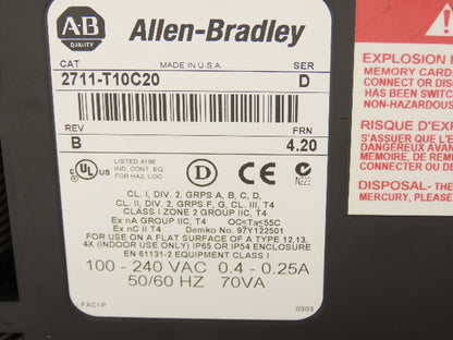 Allen Bradley 2711-T10C20 Panel View 1000 Ser D FRN 4.20 Touch Screen 10" REV B
