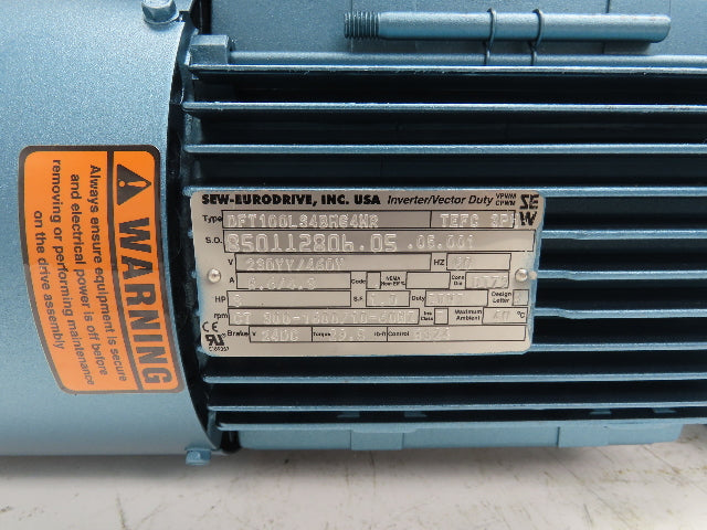 Sew Eurodrive SA67DT100LS4BMG4HR Brake Gearmotor 19-115 RPM 3Hp 230/460V 15.6:1