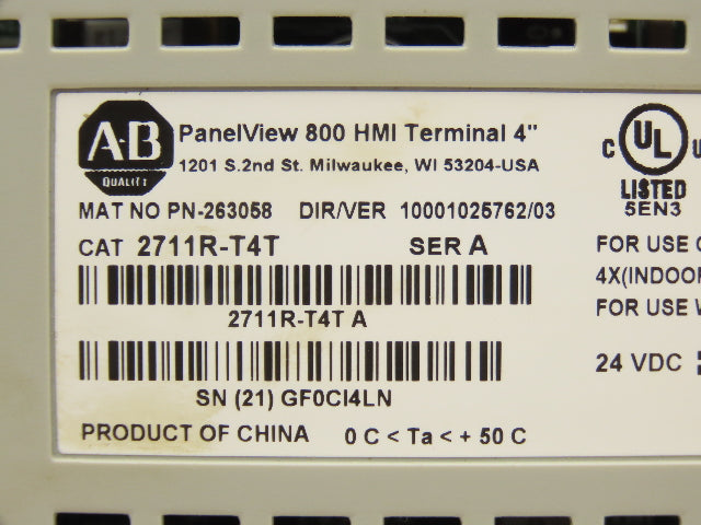 Allen Bradley 2711R-T4T PanelView 800 HMI Control Terminal 4" Touch Screen Ser A