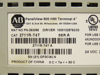 Allen Bradley 2711R-T4T PanelView 800 HMI Control Terminal 4" Touch Screen Ser A