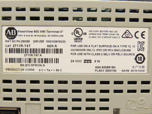 Allen Bradley 2711R-T4T PanelView 800 HMI Control Terminal 4" Touch Screen Ser A