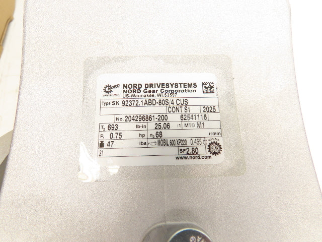 Nord SK 92372.1ABD-80S/4 CUS Gearmotor 25:1 68rpm .75Hp 230/460V Hollow Shaft