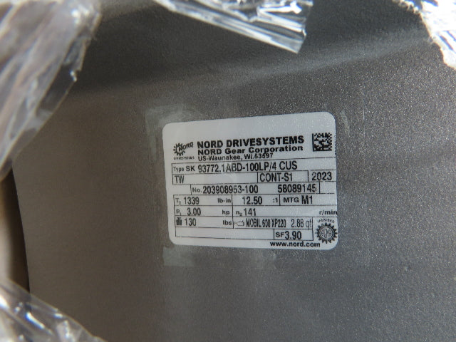 Nord SK 93772.1ABD-100LP/4 CUS Gearmotor 141rpm 3Hp 230/460V 12.5:1 Hollow Shaft
