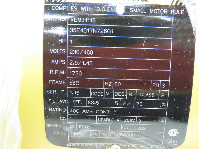 Baldor VEM31116 Super-E AC Motor 1Hp 1750 RPM 230/460V 3PH 56C