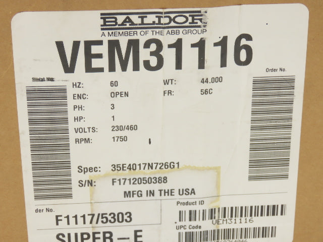 Baldor VEM31116 Super-E AC Motor 1Hp 1750 RPM 230/460V 3PH 56C