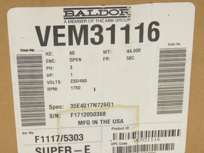 Baldor VEM31116 Super-E AC Motor 1Hp 1750 RPM 230/460V 3PH 56C