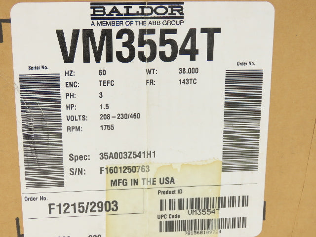 Baldor VM3554T AC Motor 1.5Hp 1755 RPM 230/460V 3PH 143TC TEFC