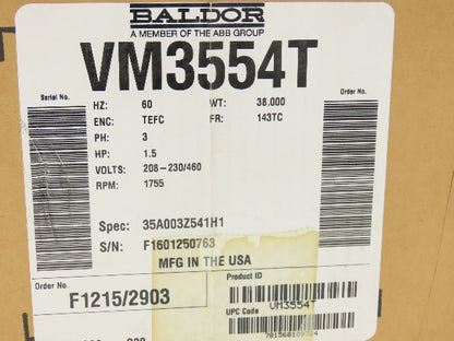Baldor VM3554T AC Motor 1.5Hp 1755 RPM 230/460V 3PH 143TC TEFC