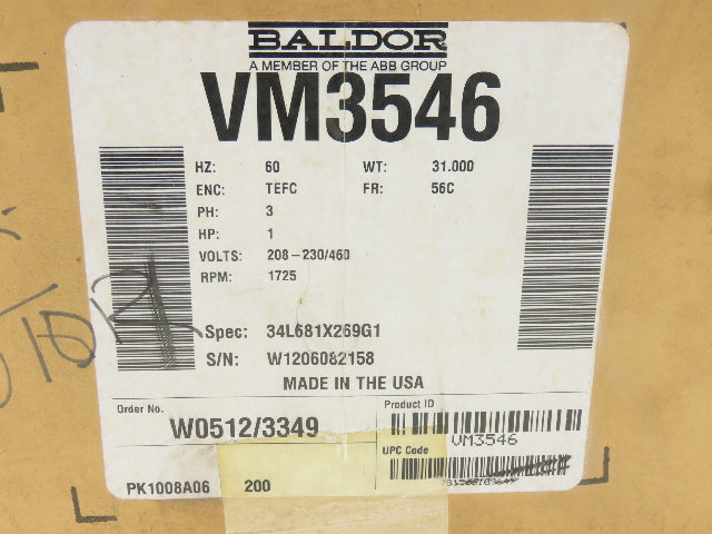 Baldor VM3546 AC Motor 1Hp 1725 RPM 230/460V 3PH 56C TEFC 5/8"Shaft