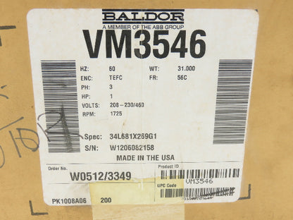 Baldor VM3546 AC Motor 1Hp 1725 RPM 230/460V 3PH 56C TEFC 5/8"Shaft