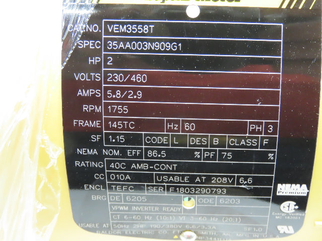 Baldor VEM3558T AC Motor 2Hp 1755 RPM 230/460V 3PH 145TC TEFC