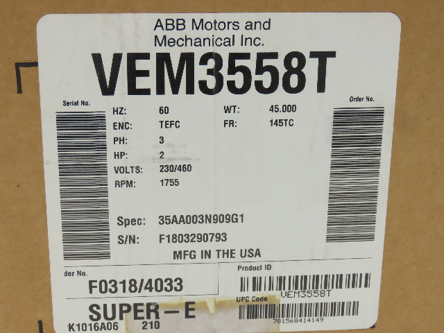 Baldor VEM3558T AC Motor 2Hp 1755 RPM 230/460V 3PH 145TC TEFC