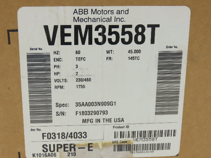 Baldor VEM3558T AC Motor 2Hp 1755 RPM 230/460V 3PH 145TC TEFC