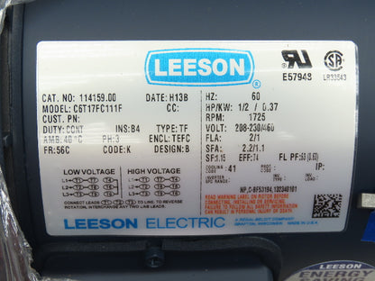Leeson C6T17FC111F 114159.00 Brake Motor 1/2Hp 1725 RPM 230/460V 3PH 56C