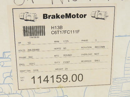 Leeson C6T17FC111F 114159.00 Brake Motor 1/2Hp 1725 RPM 230/460V 3PH 56C