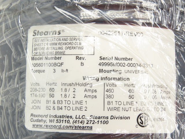 Leeson C6T17FC111F 114159.00 Brake Motor 1/2Hp 1725 RPM 230/460V 3PH 56C