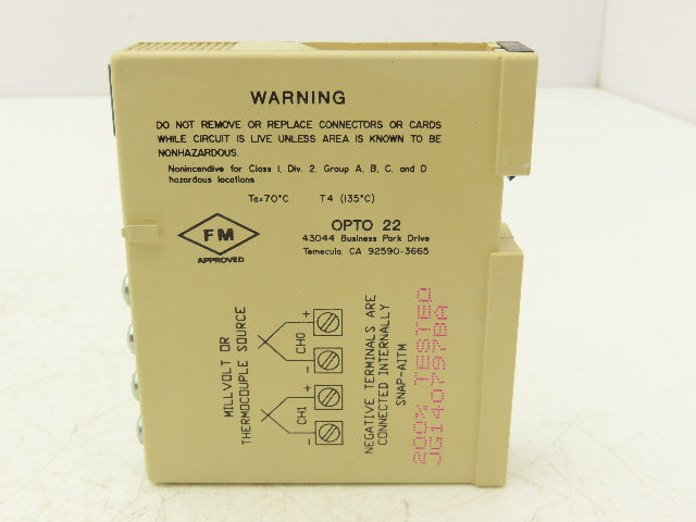 OPTO 22 SNAP-AITM Analog Input Module 2 Isolated Channel Thermocouple Type E J K
