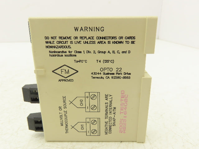 OPTO 22 SNAP-AITM Analog Input Module 2 Isolated Channel Thermocouple Type E J K