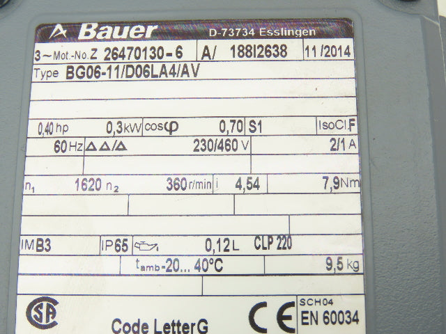 Bauer BG06-11/D06LA4/AV Inline Gearmotor 4.54 Ratio 360 RPM .4Hp 230/460V 3PH