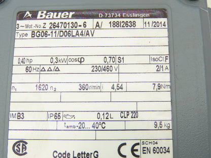 Bauer BG06-11/D06LA4/AV Inline Gearmotor 4.54 Ratio 360 RPM .4Hp 230/460V 3PH