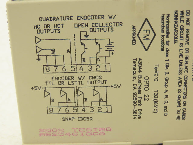 OPTO 22 SNAP-IDC5Q I/O Module Two Axis Quadrature 4-24V Input 5V Logic Lot of 2