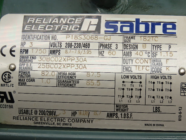 Reliance Sabre P18S3068-GJ AC Motor 3Hp 1750 RPM 208-230/460V 3PH 182TC TEFC