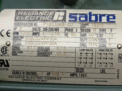 Reliance Sabre P18S3068-GJ AC Motor 3Hp 1750 RPM 208-230/460V 3PH 182TC TEFC