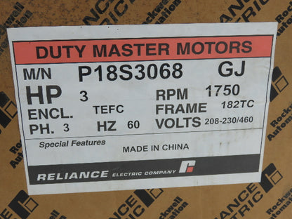 Reliance Sabre P18S3068-GJ AC Motor 3Hp 1750 RPM 208-230/460V 3PH 182TC TEFC