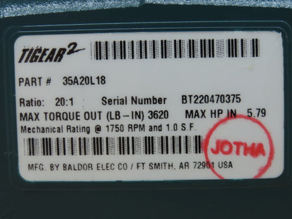 Dodge Tigear 2 35A20L18 Worm Gearbox 20:1 Reducer 88 RPM 5.8Hp 180TC LH Output