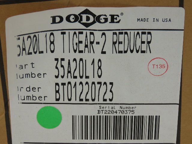 Dodge Tigear 2 35A20L18 Worm Gearbox 20:1 Reducer 88 RPM 5.8Hp 180TC LH Output