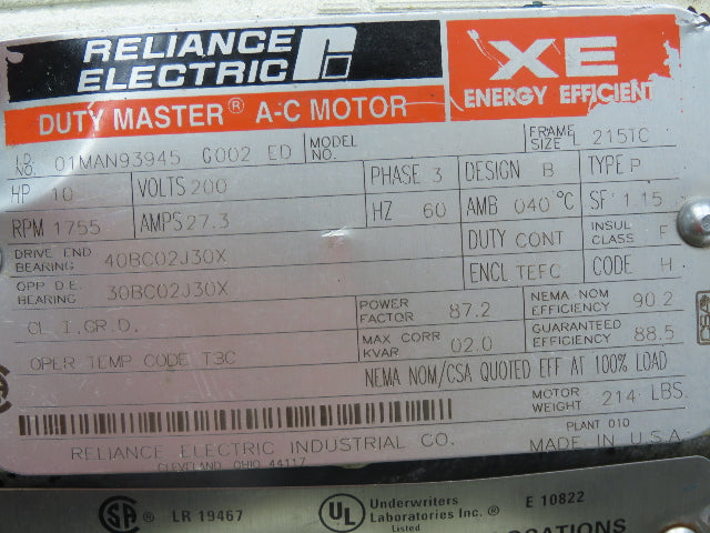 Reliance Electric 01MAN93945 AC Motor 10Hp 1755RPM 200V 3Ph 215TC TEFC