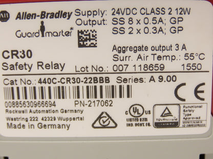 Allen Bradley 440C-CR30-22BBB GuardMaster Safety Relay 24VDC 5A Ser. A9.00