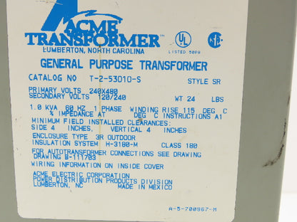 Acme T-2-53010-S Transformer 1kva 1PH HV 240/480 LV 120/240V Wall Mount