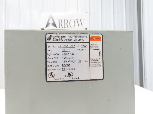 Jefferson Electric 411-0091-000 Transformer 2kva 1PH HV 240/480 LV 120/240V 3R