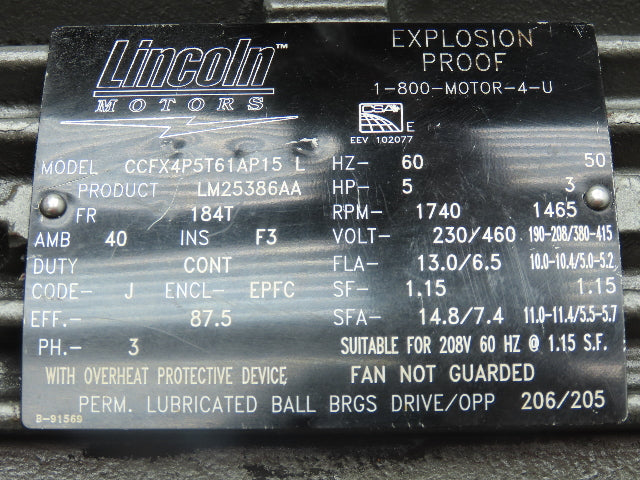 Lincoln Motors Explosion Proof AC Motor 5Hp 1740RPM 230/460V 3Ph 184T EPFC