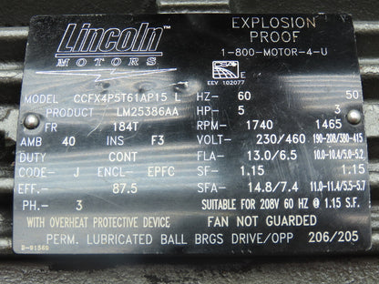 Lincoln Motors Explosion Proof AC Motor 5Hp 1740RPM 230/460V 3Ph 184T EPFC