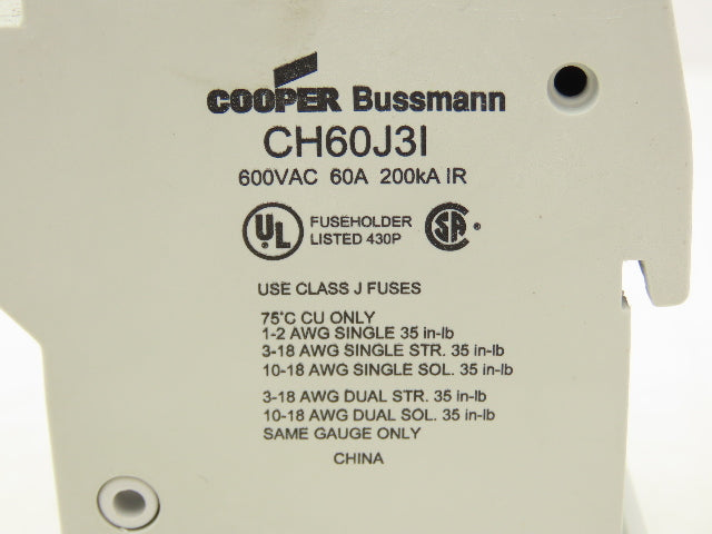 Cooper Bussman CH60J31 Modular Fuse Holder 60A 600 VAC Neon Lamp DIN Rail 3 Pole