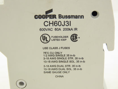 Cooper Bussman CH60J31 Modular Fuse Holder 60A 600 VAC Neon Lamp DIN Rail 3 Pole