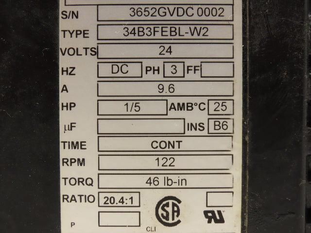 Bodine 34B3FEBL-W2 DC Gearmotor 1/5Hp 24VDC 20.4 Ratio 122 RPM w/Encoder