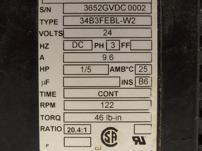 Bodine 34B3FEBL-W2 DC Gearmotor 1/5Hp 24VDC 20.4 Ratio 122 RPM w/Encoder