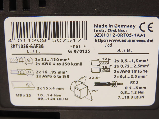 Siemens 3RT1056-6AF36 Motor Starter Contactor 200Hp 575V 195A Coil 120V AC/DC