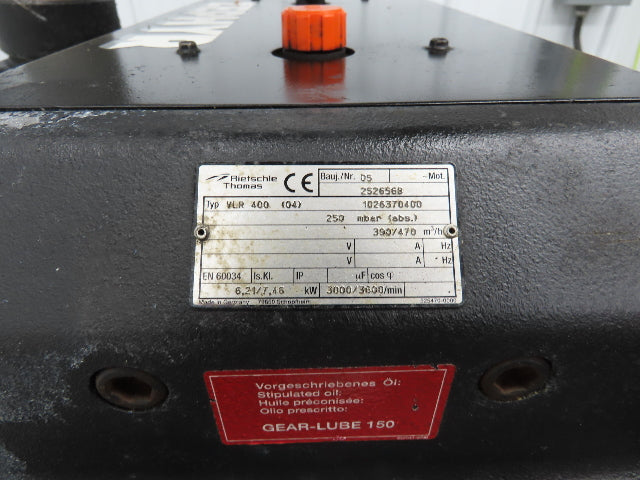 Reitschle Thomas 1026370400 VLR 400 Rotary Claw Vacuum Pump 272 CFM No Motor
