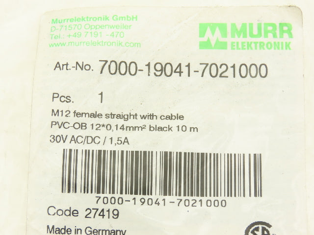 Murr Elektronik 7000-19041-7021000 12-Pin M12 Female Straight Cable Cordset 10M