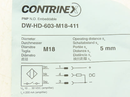 Contrinex DW-HD-603-M18-411 Proximity Sensor M18 5mm Range 10-30VDC Cable Assy