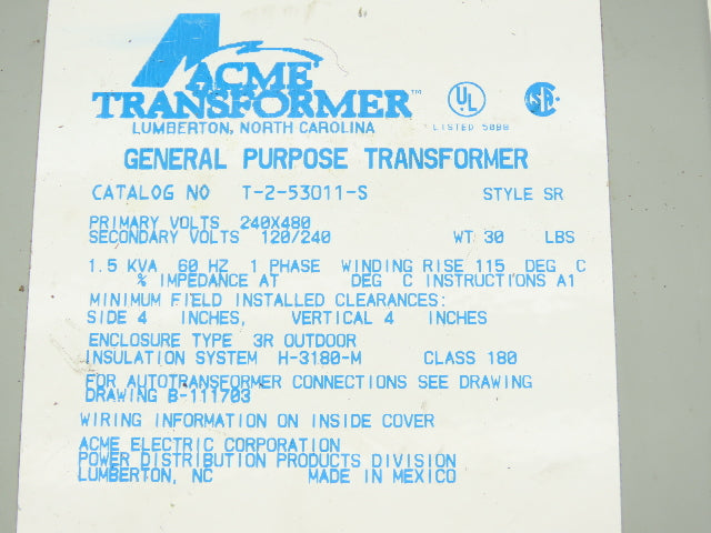 Acme Electric T-2-53011-S Power Transformer 1.5KVA 1Ph HV 240/480 LV 120/240