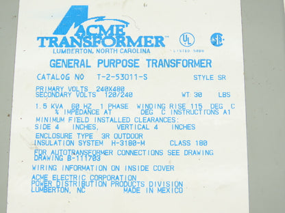 Acme Electric T-2-53011-S Power Transformer 1.5KVA 1Ph HV 240/480 LV 120/240