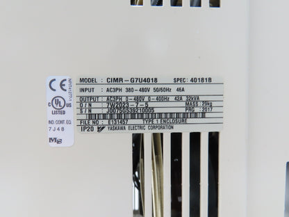 Yaskawa CIMR-G7U4018 VFD G7 Variable AC Drive 32kVA 480VAC 42A 3PH Spec 40181B