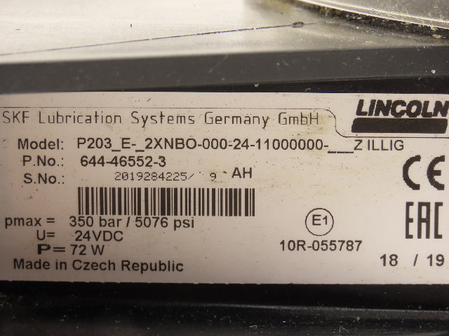SKF Lincoln P203-E-2XNBO-000-24 Lubrication Grease Pump 24VDC 2Liter 5076PSI